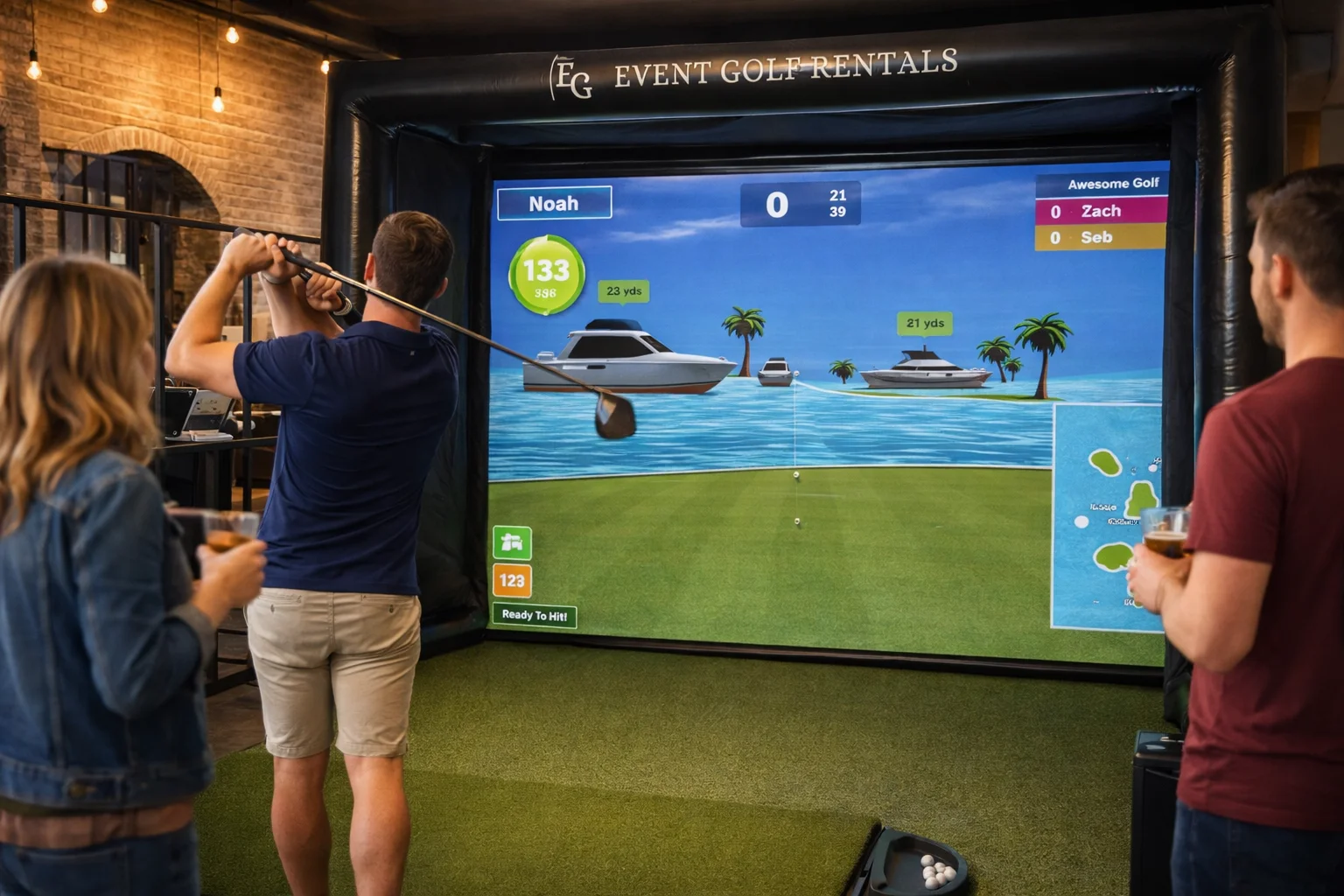 Guests playing Awesome Golf game at a corporate event rental with Event Golf Rentals