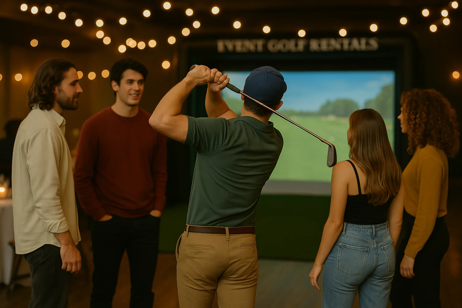 Event Golf Rentals golf simulator party with string lights at wedding reception