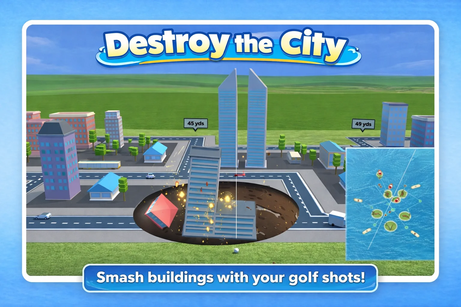 Destroy the City golf simulator game - smash buildings with your golf shots
