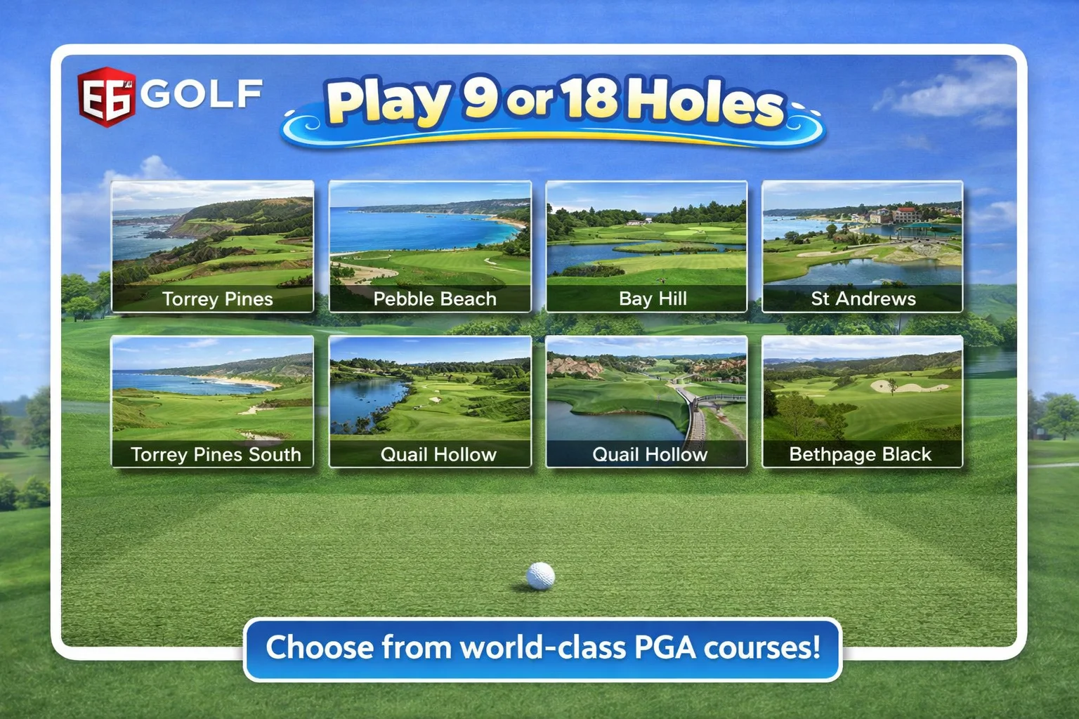 Play 9 or 18 holes on world-class PGA courses including Pebble Beach and St Andrews on golf simulator