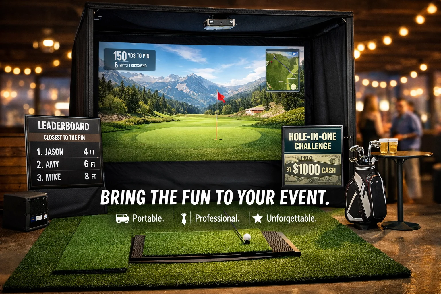 Portable golf simulator rental event setup with leaderboard and hole-in-one prize by Event Golf Rentals