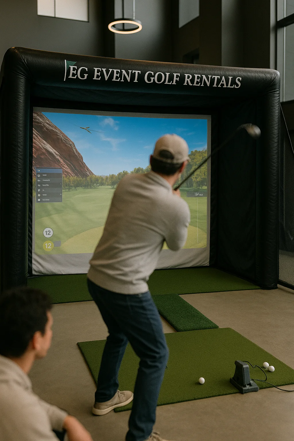 Portable golf simulator indoor event setup showing full enclosure scale by Event Golf Rentals